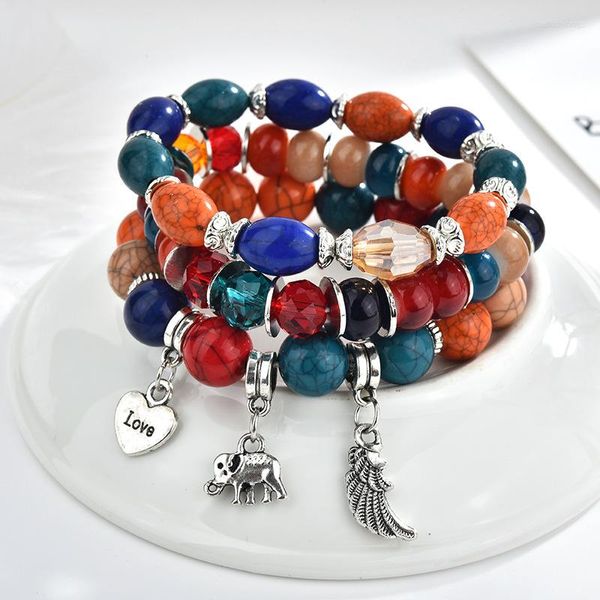 Strand Bead String Set pulsera corazón ala elefante colgante pulseras para mujeres brazaletes elásticos multicapa 2Z40C1