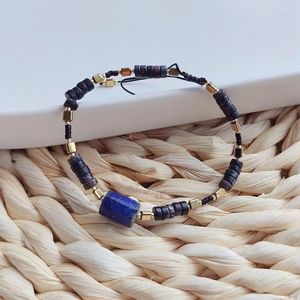 Strand Beaded Bracelet Natural Lapis Lazuli Vintage Minimalist Trendy Bohemian Handwoven Ajustable Rice Bead