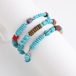 Bracelet de perles en pierre naturelle, tricot à la main, Turquoise, bohémien, rétro, multicouche, ensemble de perles de riz simples