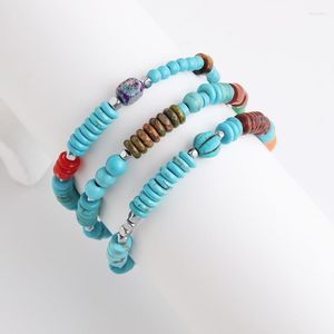 Bracelet de perles en pierre naturelle, tricot à la main, Turquoise, bohémien, rétro, multicouche, ensemble de perles de riz simples