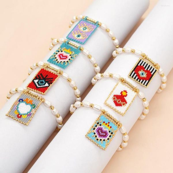 Pulsera con cuentas de hebra, colgante de perlas, ojo en forma de corazón, diseño original, moda tejida a mano, cuentas de arroz ajustables bohemias