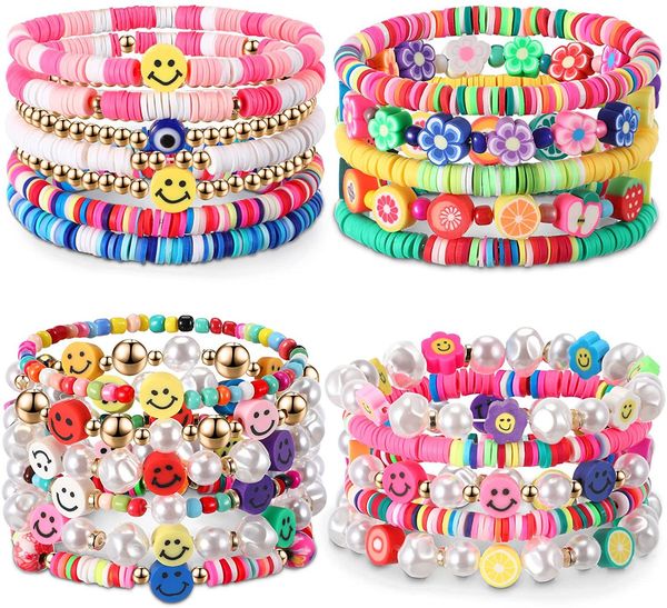 Conjunto de pulseras elásticas de cerámica suave con cuentas y cuentas de cara sonriente de fruta de arcilla colorida