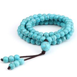 Brin Perlé Brins 108 Perles Bleu Clair Turquoises Bracelet Pour Femmes Hommes À La Main Yoga Prière Collier 6mm Bracelets En Pierre Naturelle