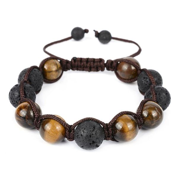 Strand Beaded Strands 12MM Tige Eye Stone Pulsera ajustable tejida Roca volcánica Mujeres Yoga Pulse Hand Jewelry Bangle