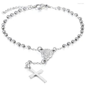 Strand Beaded Strengen 2mm Silver Tone Kraal Armband Voor Mannen Vrouwen Roestvrij Staal Maagd Maria Cross Charm Rozenkrans Geschenken HKB586 Raym22