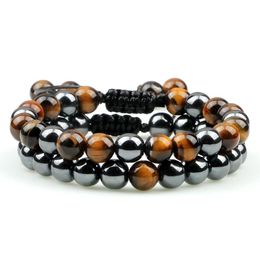 Strand Beaded Strands 2pcs / set Hématite Tiger Eye Perles Bracelet Hommes Charme Naturel Noir Obsidienne Pierre Femmes Bijoux Faits À La Main Cadeaux