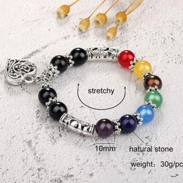 Hebras con cuentas de 6/8/10MM, cuentas de 7 chakras, pulsera, brazalete para mujer, bricolaje, cristales curativos hechos a mano, piedra, oración, Mala, colgante de corazón