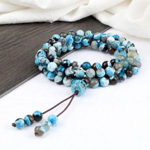 Strand Perles Brins 6MM Bleu Feu Aagte Multicouche Bracelet Prière 108 Perles Pierre Naturelle Budda Bracelet Énergie Guérison Yoga Bijoux Cadeau