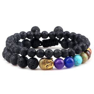 Brin Perlé Brins Noir Pierre De Lave Bracelets Ensemble Hommes Naturel 7 Chakra Bouddha Charmes Braslet Pour Femmes Yoga Prière Réglable Bijoux Gi