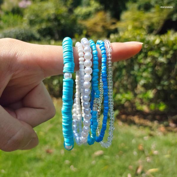 Strand Beaded Strands Boho Blue And White Bead Bracelet Set Rice Beads Pearl Acrylic Soft Pottery Handmade Elsatic JewelryBeaded
