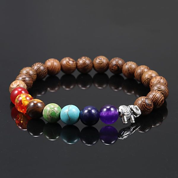 Strand Beaded Strands Chakra Paryer Pulsera Pulseras de piedra de madera natural Hombres Mujeres Ethinc Meditación Brazaletes Yoga Elefante Buda Curación