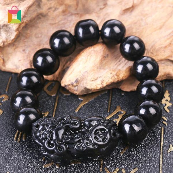 Strand Beaded Strands Feng Shui Pi Xiu Obsidian Black Stone Beads Bracelet 10mm Natural Hombres Mujeres Pulsera Oro Riqueza y buena suerte