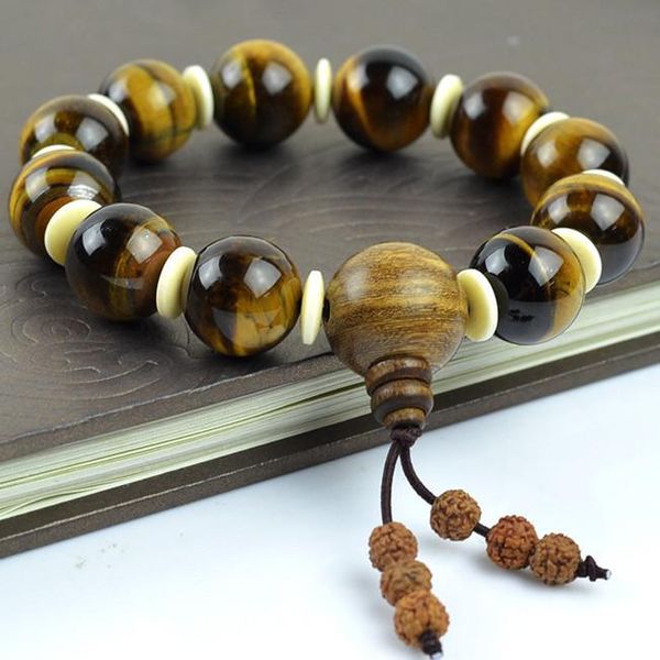 Hebras con cuentas Joyería fina Grado A Natural Ojo de tigre Pulsera de piedra Cuentas 16 mm Pulseras de gemas Hombres Sándalo Cabeza de Buda 0498 Con cuentas