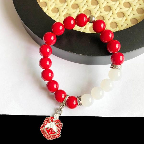 Brin brins de perles fait à la main grec sororité rouge blanc ligne élastique Detal bouclier pendentif à breloque Bracelet femmes bijoux