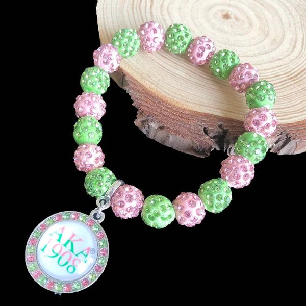 Hebras de cuentas hebras hechas a mano hermandad griega línea elástica verde rosa bola de discoteca letra 1908 encanto pulsera mujer joyería