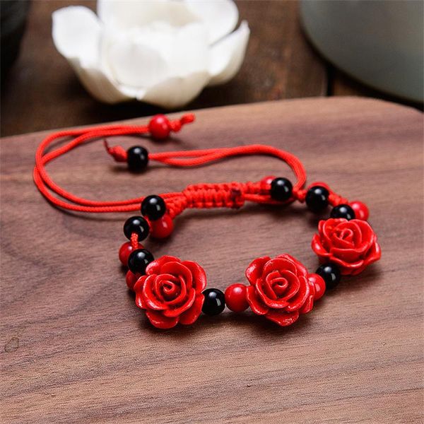 Strand Beaded Strands Mujeres hechas a mano Rose Pulsera Étnica Artesanía Laca Tallada Flor de cinabrio para cuerda roja