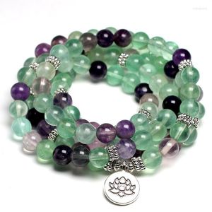 Strand Perlé Brins Bracelets De Guérison Pour Femmes Et Hommes Fluorite Naturelle 8 MM Yoga Méditation Mala Bracelet 108 Perles Japa Lotus Rodn22