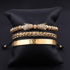 Strand kralen strengen hoogwaardige luxe armband set roestvrij staal Romeinse bangle cz luipaard charme sieraden handgemaakte macrame armbanden mannen