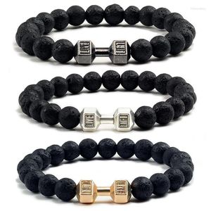 Brin Perlé Brins Haute Qualité Hommes Bracelet Naturel Noir Pierre De Lave Haltère Charme Bracelets Énergie Fitness Barbell Mode Femmes