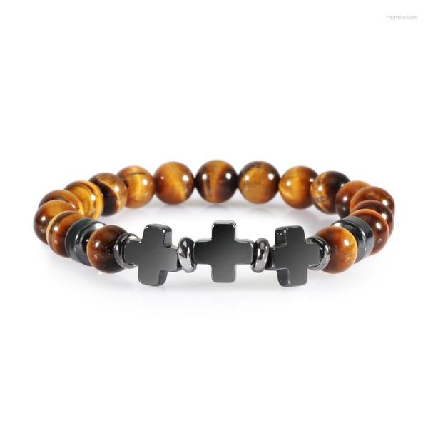 Strand Beaded Strands Men Cross Bracelet Natural Tiger Eye Stone Black Onyx Lava Beads Hematite Pulseras Healing Energy Bangles Jew Raym22