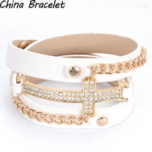 Strand Perlé Brins Miasol Enveloppé Clouté Dames Micro Pave CZ Disco Croix Charme Chaîne En Métal Double Wrap PU Bracelet En Cuir Pour Femmes