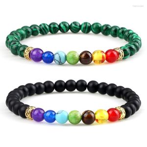 Strand Kralen Strengen Natuurlijke Groene Malachiet Onyx 7 Chakra Armbanden Voor Vrouwen Mannen Zwarte Lava Reiki Healing Elastische Sieraden Raym22