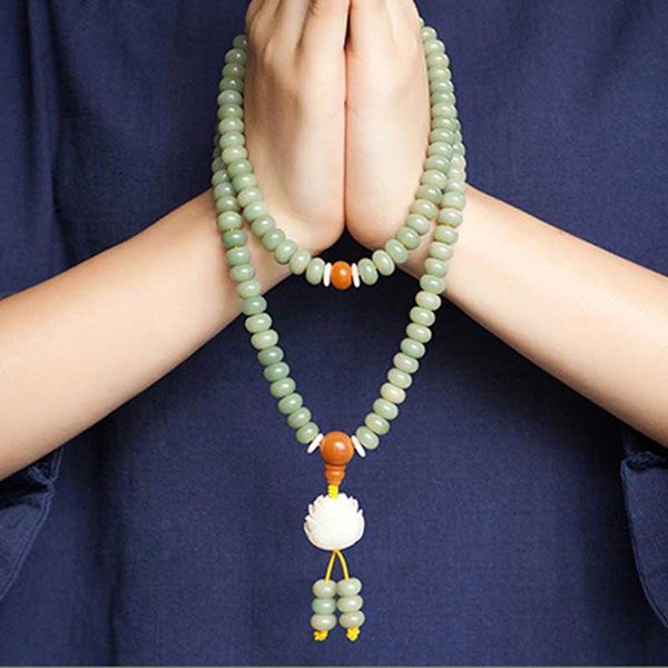 Strand Beaded Strands Natural Weathered Bodhi Root Beads Pulseras White Jade Budista Curación Oración Mala Collar Con Lotus AccessoriesBe