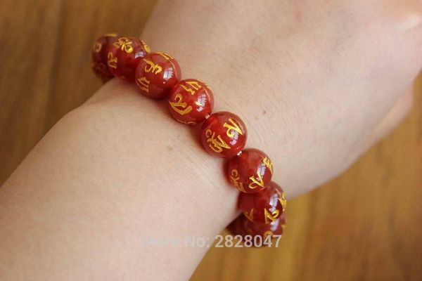 Brin Perlé Brins Tibétain Onyx Rouge Mantras 12mm Perles Femme Bracelets Bijoux Ethniques Om Mani Padme Hum Réglable Filles BraceletPerlé