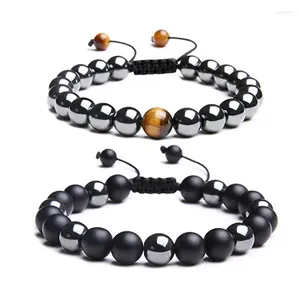 Bracelet de perles en pierre naturelle pour hommes, réglable, en acier inoxydable, corde noire, breloque givrée, œil de tigre, vente en gros