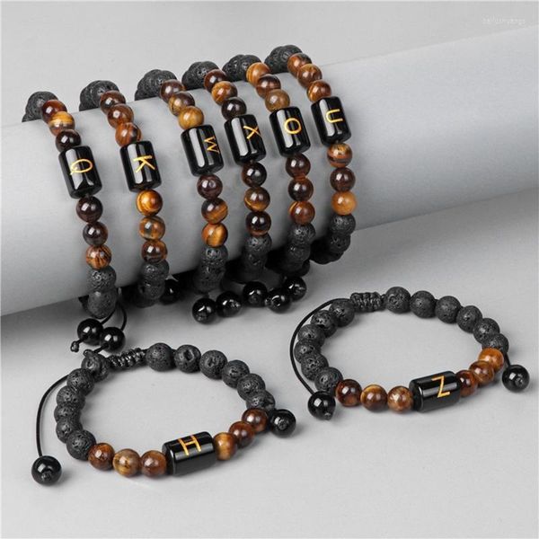 Strand Beads Pulsera trenzada Piedra de lava natural Ojo de tigre 26 Alfabetos Pulseras colgantes Hombres Mujeres Joyería de encanto ajustable