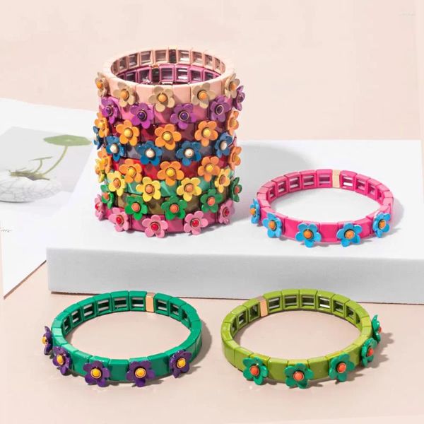 Strand BEUTIFOR-pulsera esmaltada hecha a mano para mujer, brazaletes de cuentas pintadas con flores coloridas, azulejo elástico, joyería de moda 2023