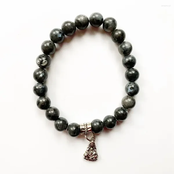 Strand Bhuann-Cuentas redondas de labradorita negra Natural, 8MM, piedra de plata tibetana, colgante de Buda Guanyin, pulsera hecha a mano, 1 ud.