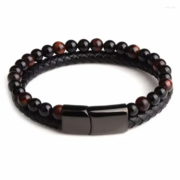 Strand Bilayer Charm Piedra de ojo de tigre natural Pulsera de cuentas de 8 mm Cuerda de cuero tejida 21 cm 23 cm Pulseras para hombres Mujeres Joyería de moda DIY