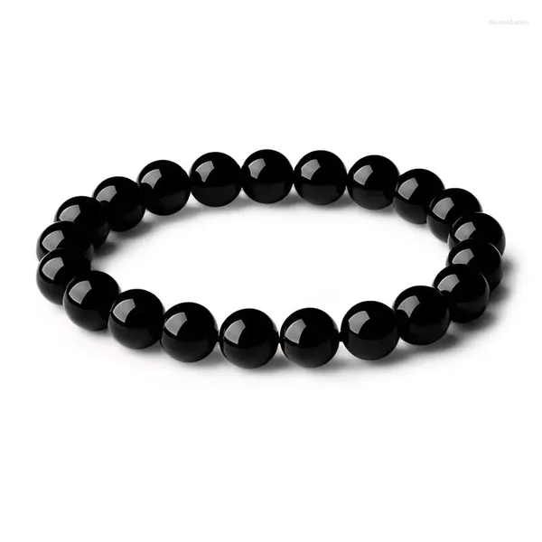 Bracelets de perles d'agate noire à brin Fine pierre semi-précieuse 8 mm 10 mm 12 mm Bracelet extensible Bijoux chanceux pour femmes et hommes