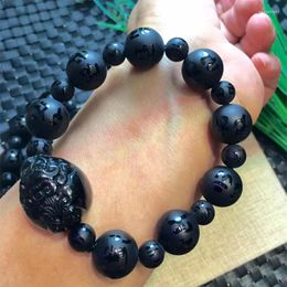 Strand Black Agate Sculpture Buddha Gemstone Stretchy Bracelets Lucky Handmade Reiki Healing Bless Yoga Wrist