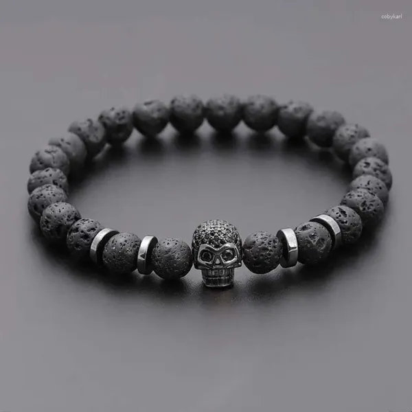 Strand Black Eye Skull Bracelet Bracelet Men Classic Classic Handmade 8 mm Charme de pierre de lave pour cadeau de bijoux