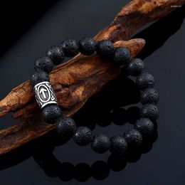 Strand Black Fashion en acier inoxydable Vikings Bracelet de perle de rune pour hommes Femmes Punk Unique Creative Lava Stone Bangles Amulet Jewelry