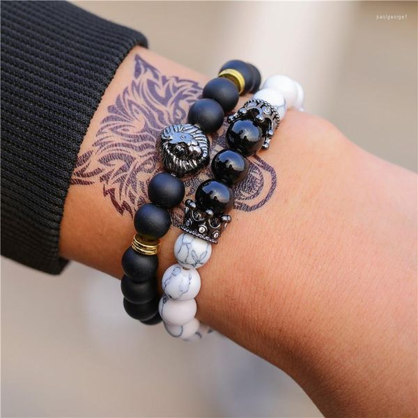 Strand Black Frosted Stone White Turquoise Zircon Crown Lion's Head Bracelet Set Creative Accessoires personnalisés