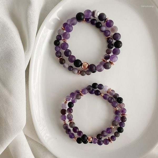 Strand Black Lava Bead Bracelet Purple Amethyst Gemstone Beaded Healing Jewelry For Protection Energy