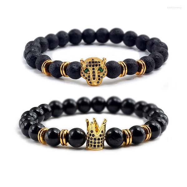 Strand Black Natural Volcanic Stone Bracelets Tête de léopard Couronne Élastique Corde Givré Perlé Bracelets Bijoux De Mode Pour Couples Homme