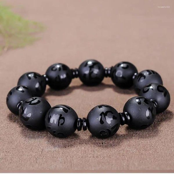 Bracelet en obsidienne noire à six caractères, vrais proverbes, bijoux simples, perles de bouddha en cristal fin sculptées