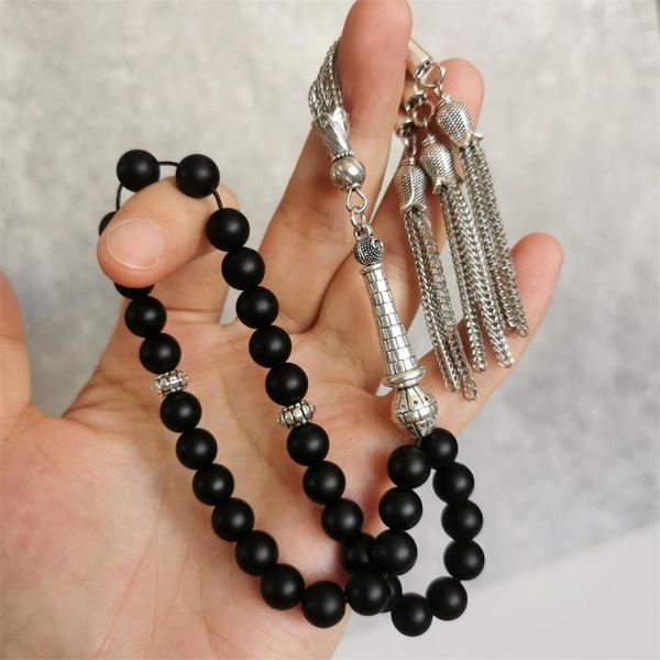 Hilo negro Tasbih piedra sintética pulsera musulmana Misbaha regalo islámico borlas de metal plateado 33 cuentas de oración joyería rosario hecho a mano