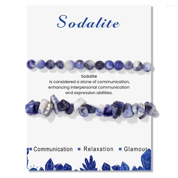 Bracelet de perles en pierre Sodalite naturelle bleue, 2 pièces, avec carte, puce irrégulière, gravier, extensible, ensemble de bijoux, cadeau pour femmes
