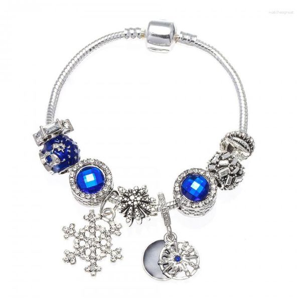 Pulsera de copos de nieve azules para mujer, cuentas de cadena de plata S925 DIY, joyería Original, accesorios hechos a mano, venta al por mayor