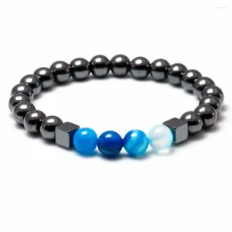 Bracelets de perles d'onyx à rayures bleues, chaîne de corde élastique de 8MM, pierre naturelle hématite pour hommes, bijoux de puissance