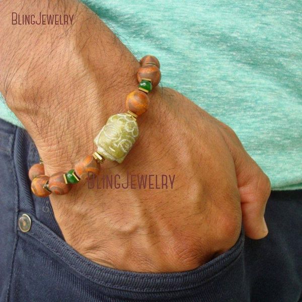 Strand BM33086 Pulsera tibetana espiritual para hombre Ágatas de ojo de punto verde semipreciosas Jade Hematitas de Buda talladas a mano