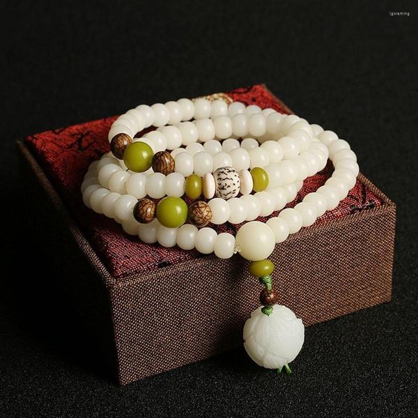 Brin Bodhi Racine Ethnique Collier Lotus Pendentif Perles Bracelets Bracelet Style Chinois Blanc Jade