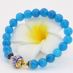 STRAND BOHEMIA-stijl goudkleurige cloisonne blauw 8 mm ronde kralen chalcedony jades natuursteen armband fijne sieraden 7,5 inch b2701