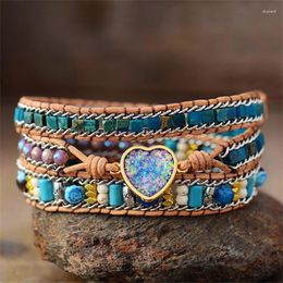 Pulsera bohemia hecha a mano con piedra turquesa Natural y ópalo azul, colgante de corazón de 3 hebras, pulsera envolvente de cuero para mujer
