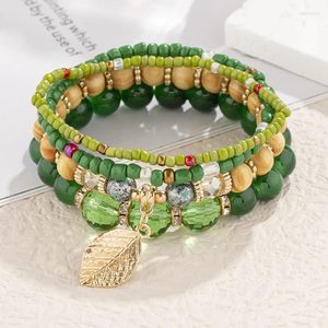 Strand Boho 4 Uds. Conjunto de pulsera de cuentas de cristal para mujer, pulseras con colgantes de hojas doradas de madera Natural, brazalete envolvente de cuerda elástica, joyería